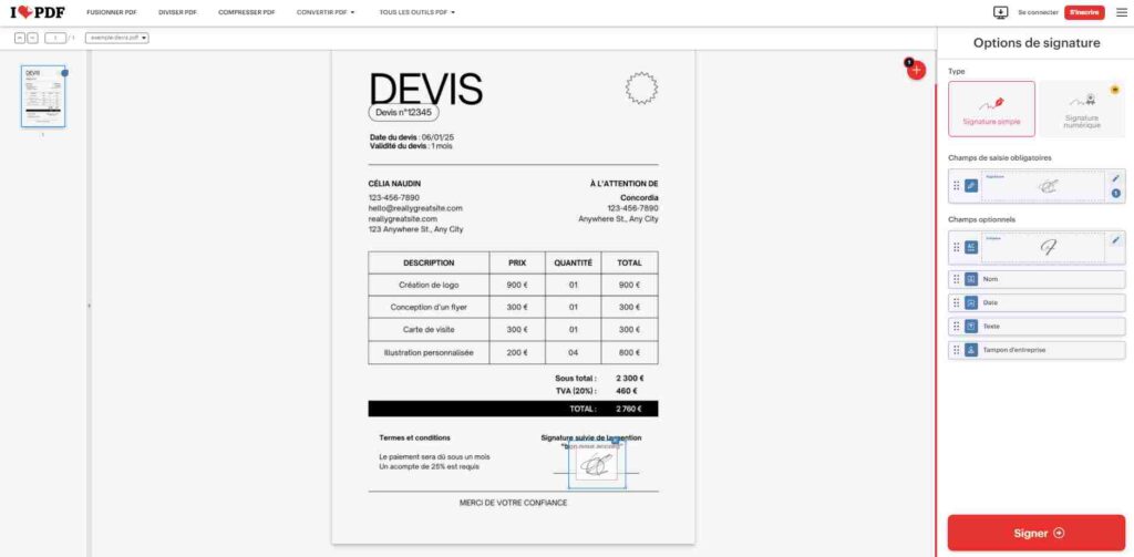 position signature sur pdf