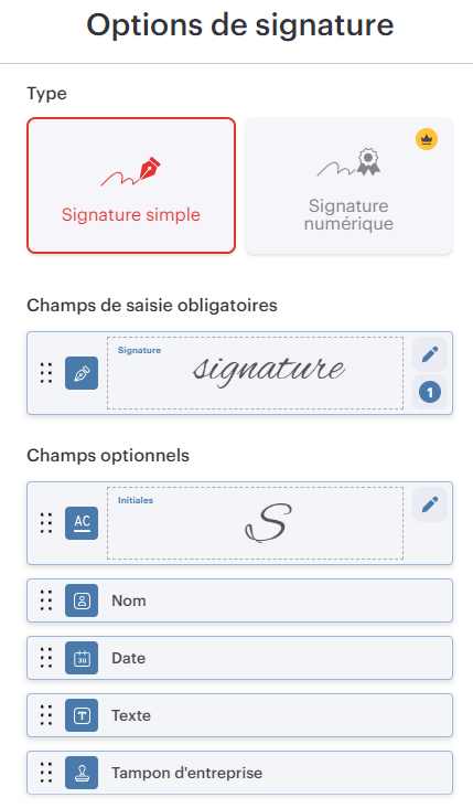 options de signature